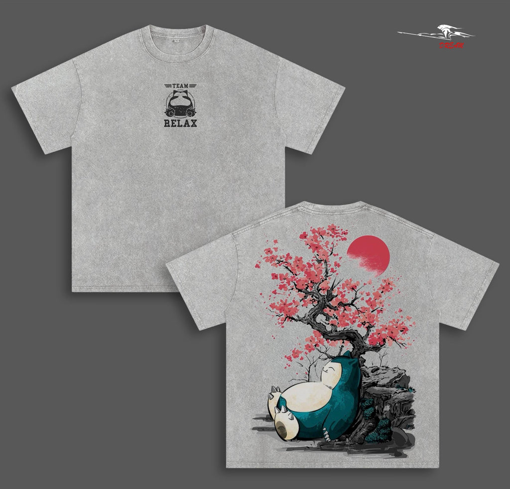 Snorlax - Pokemon Anime Double Printed Vintage Washed Tee Unisex Oversize Heavyweight Cotton T-shirt for Anime Fans and Lovers