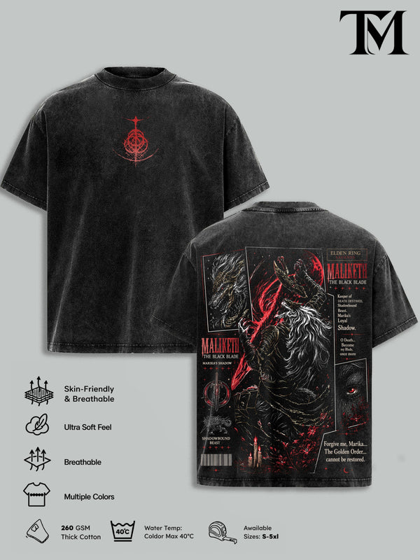 Elden Ring Vintage Washed Oversized T-Shirt, Maliketh Dark Fantasy Graphic Tee, Tarnished Soulslike RPG Streetwear, Heavyweight Cotton FromSoftware Gamer Merch, Gift for Elden Ring Fans