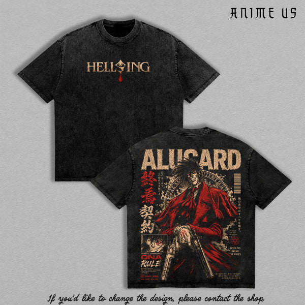 Alucard Hellsing Crimson Vampire Vintage Washed Anime Shirt, Gothic Predator Immortal Power Aura Graphic Tees Men Large Back Print Streetwear