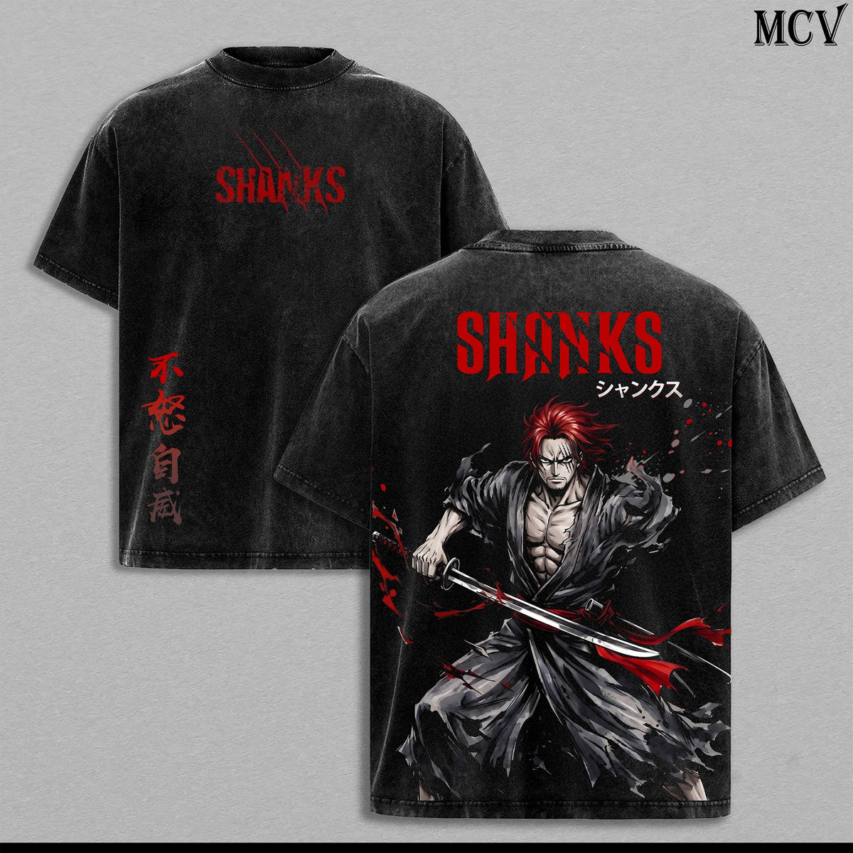 Shankss Washed Tee – Op Anime Graphic Double Printed T-Shirt, Menswear Heavy Cotton Unisex Oversize Vintage Streetwear