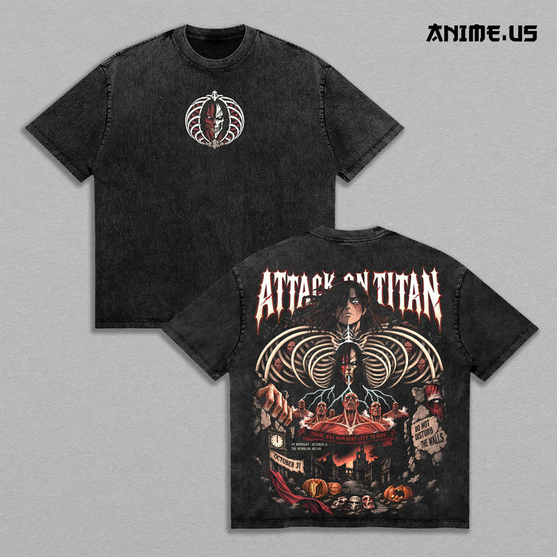 Attack Titan Halloween Vintage Black Wash T-Shirt, Eren Rumbling Skeleton Colossal Titan Horror Anime Back Print Tee, Oversized Heavy Cotton Gym Streetwear, Unisex Manga Fan Gift