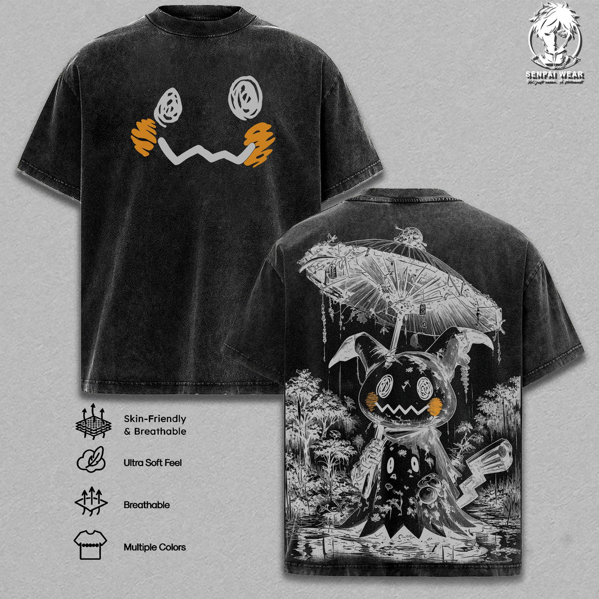Mimikyu Graphic Tee Pokémon Vintage Washed Shirt Ghost Fairy Pocket Monster T-Shirt Unisex Streetwear Pokémon Tee Soft Cotton Top Outfit for Men Gift for Anime Fans