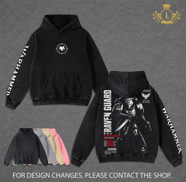 Raven Guard Warhammer 40,000 Dawn of War IV Hoodie Wash, Vintage Grimdark Sci Fi Graphic Hoodie, Space Warrior Gaming Streetwear, Heavyweight Cotton Pullover, Warhammer 40K Fan Apparel, Retro Video Game Hoodie, Unisex Gamer Gift