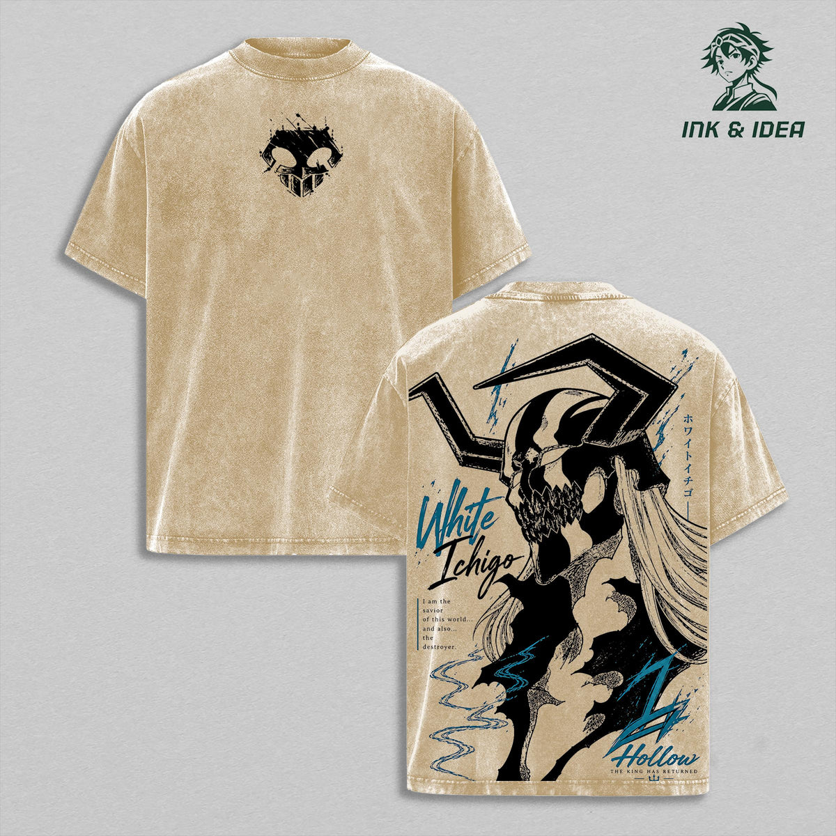 White Ichigo Hollow Vintage Washed T-Shirt, Bleach Graphic Tee, Oversized Heavy Cotton Anime Shirt, Gothic Manga Streetwear, Cross Hatch Back Print Apparel Classic