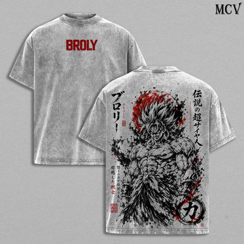 Broly DBZ Washed Tee, SuperSaiyan Berserker Anime Graphic Double Printed Shirt, Menswear Heavy Cotton Unisex Oversized Vintage Battle Beast Streetwear Top