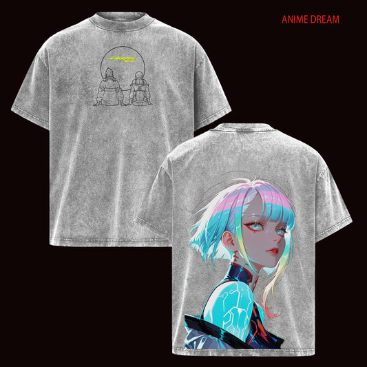 Cyberpunk Edgerunners David & Lucy Anime Double Printed Vintage Washed Tee Unisex Oversize Anime Manga Washed Heavyweight Cotton T-shirt