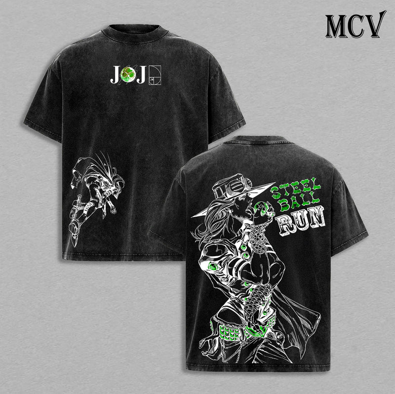 Gyro Zeppeli Tee Washed - JoJo’s Bizarre Adventure Steel Ball Run Anime Spin Technique Golden Spin Pizza Mozzarella Manga Graphic Double Printed Washed Tee, Menswear Heavy Cotton Unisex Oversize Streetwear Vintage