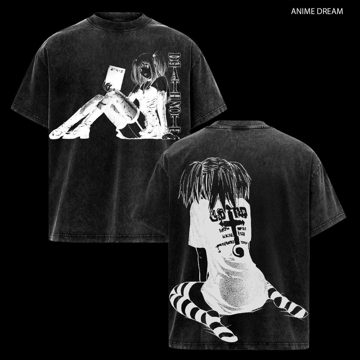 Misa Amane Death Note Anime Double Printed Vintage Washed Tee Unisex Oversize Heavyweight Cotton T-shirt for Anime Fans and Lovers