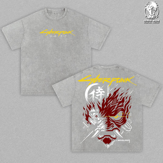 Cyberpunk 2077 - SAMURAI Cyberpunk Graphic Tee Vintage Washed Shirt Unisex Streetwear Gamer Merch Night City Tee SAMURAI Mask T-Shirt Gift for Gaming Lovers Cyberpunk Fans