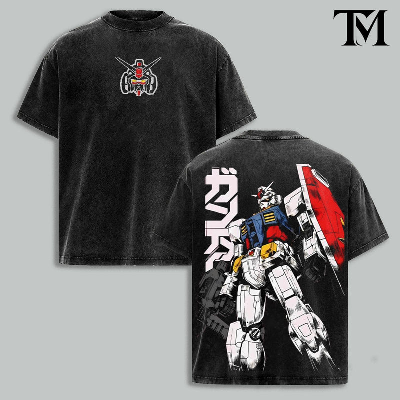 6 Design Gundam RX-78 Vintage Washed Oversized T-Shirt, Mobile Suit Mecha Graphic Tee, Heavyweight Cotton Anime Streetwear, Retro Sci Fi Robot Fan Merch