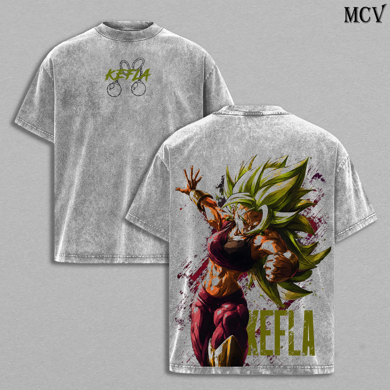 Kefla DBZ Washed Tee | DBS Anime Shirt | Fusion Queen | Female Super Saiyan | Potara Fusion Warrior | Berserk Saiyan Girl | Green Aura Fighter | Anime Manga Graphic Double Printed T-Shirt | Heavy Cotton Unisex Oversize Streetwear Vintage Edition