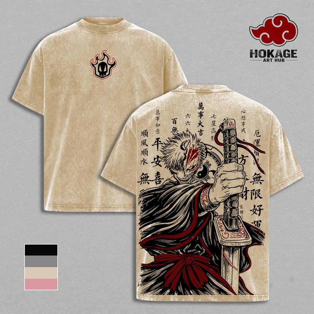 Ichigo Kurosaki Washed Tee, Bleach Anime Graphic Tee, Hollow Mask Shirt, Bankai Sword Shirt, Vintage Washed Shirt, Anime Streetwear Gift