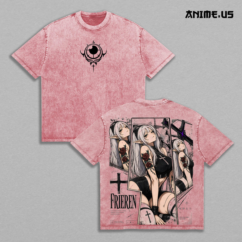 Frieren Gothic Vintage Washed T-Shirt, Beyond Journey's End Anime Graphic Tee, Dark Fantasy Elf Waifu Gym Pump Cover Oversized Back Print Heavy Cotton Streetwear Shirt