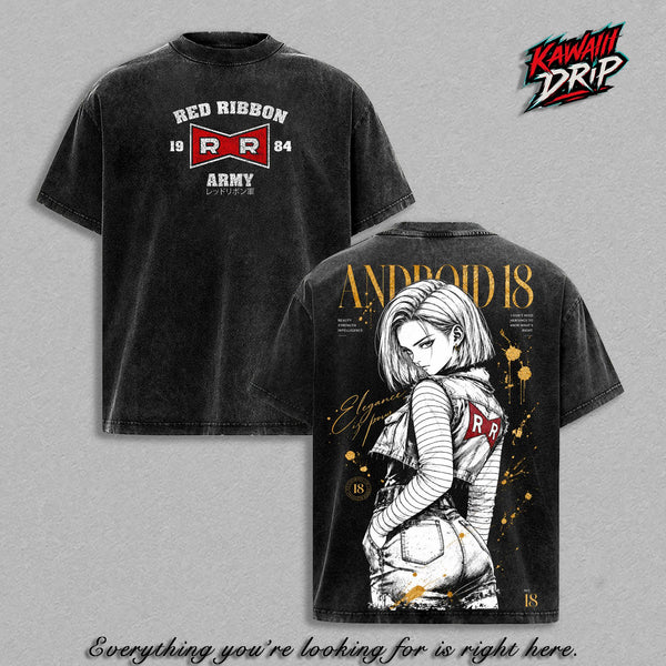 Android 18 Vintage T-Shirt - Red Ribbon Army DBZ Anime Double Printed Vintage Clothes Washed Tee Unisex Oversize Anime Manga Washed Heavyweight Cotton T-Shirt