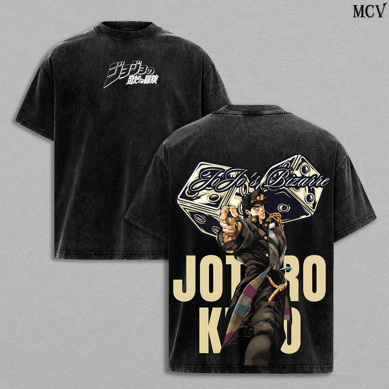 Jotaro Kujo Tee Washed – JoJo’s Bizarre Adventure Stardust Crusaders Vintage Washed Heavy Cotton Oversized Anime Manga T-Shirt & Hoodie, Double Printed Retro Unisex Streetwear Graphic Top, Star Platinum Stand Edition