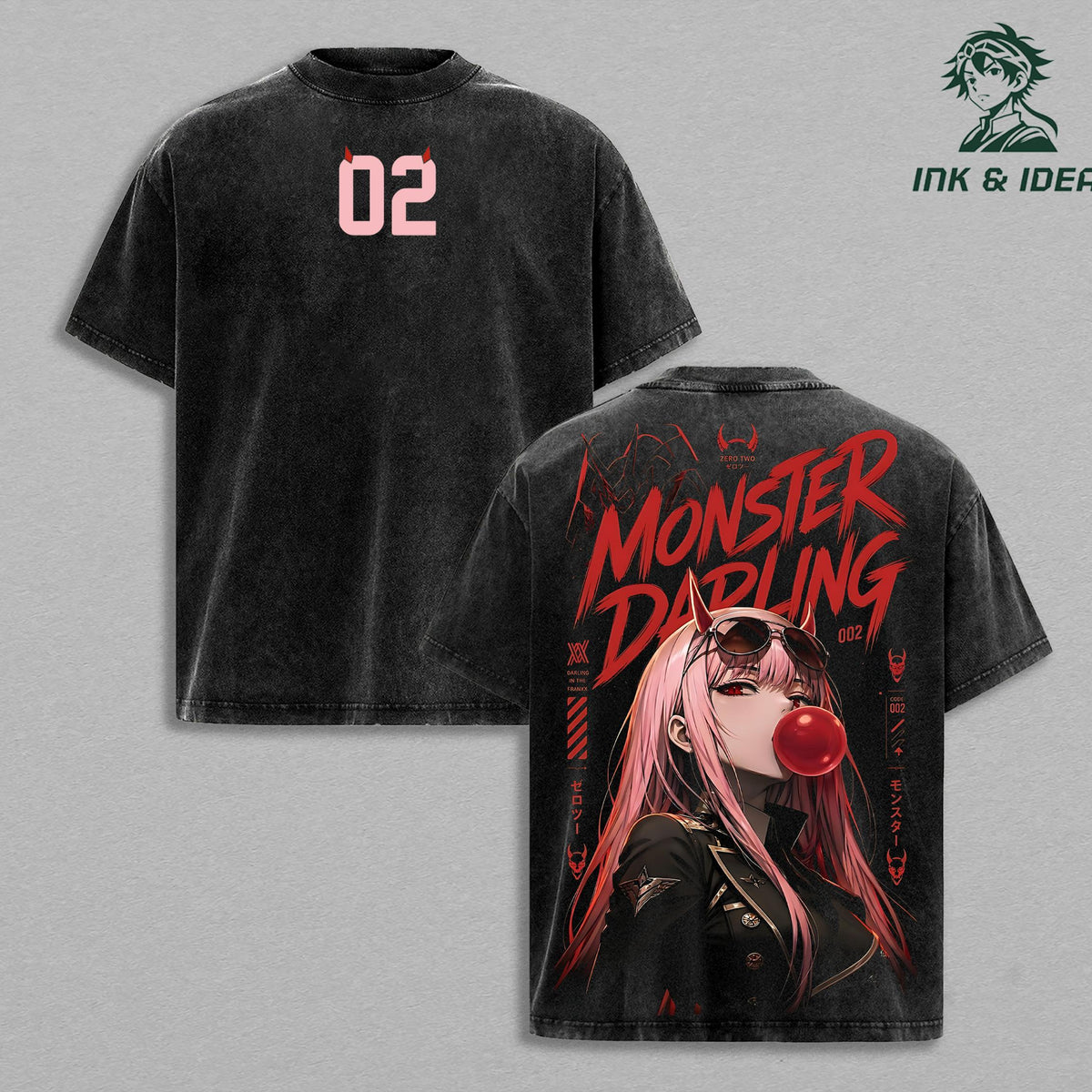 Zero Two Darling in the Franxx Vintage Washed T-Shirt, Monster Darling Anime Oversized Hip Hop Streetwear Tee, Heavy Cotton Y2K Graphic Shirt, Retro Manga Unisex Top Gift