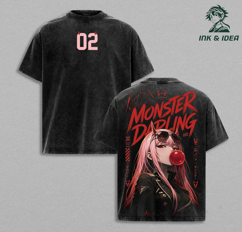 Zero Two Darling in the Franxx Vintage Washed T-Shirt, Monster Darling Anime Oversized Hip Hop Streetwear Tee, Heavy Cotton Y2K Graphic Shirt, Retro Manga Unisex Top Gift