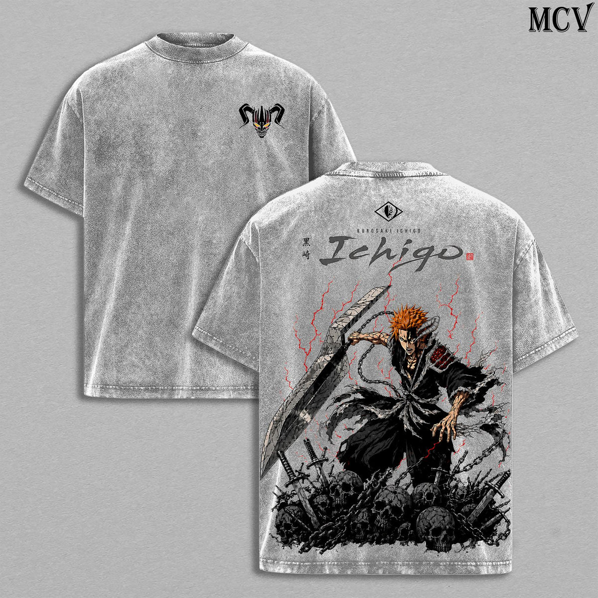 Kurosaki Ichigo Bleach Tee – Ichigo Kurosaki Vintage Washed T-Shirt | Bankai Tensa Zangetsu | TYBW The Calamity Anime Manga Graphic Tee | Heavy Cotton Unisex Oversized Streetwear Top