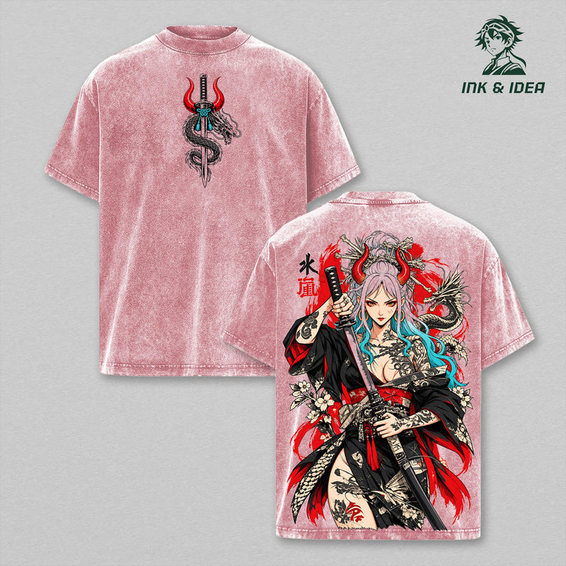 Yamato One Piece Vintage Washed Gym T-Shirt, Oni Princess Samurai Katana Dragon Double Sided Anime Graphic Tee, Oversized Heavyweight Cotton Wano Manga Streetwear, Unisex Fan Gift
