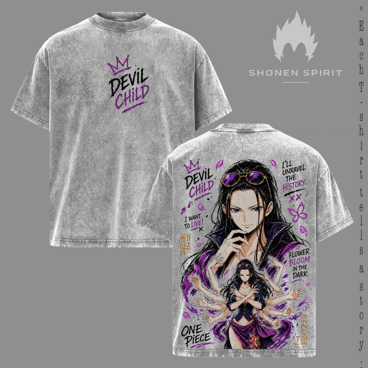 Nico Robin – One Piece Vintage Washed T-Shirt, Devil Child Anime Graphic Tee, Flower Bloom Dark Aesthetic Oversized Heavyweight Cotton Streetwear