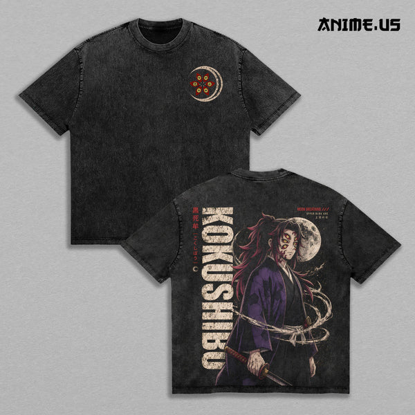 Kokushibo Kimetsu no Yaiba Vintage Washed Anime Shirt, Crescent Moon Elite Demon Warrior Battle Aura Graphic Tees Men Large Back Print Streetwear Daily Wear