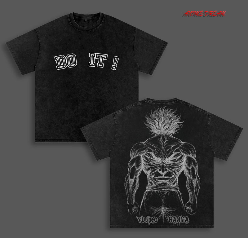 Yujiro Hanma Baki Anime Double Printed Vintage Washed Tee Unisex Oversize Anime Manga Washed Heavyweight Cotton T-shirt