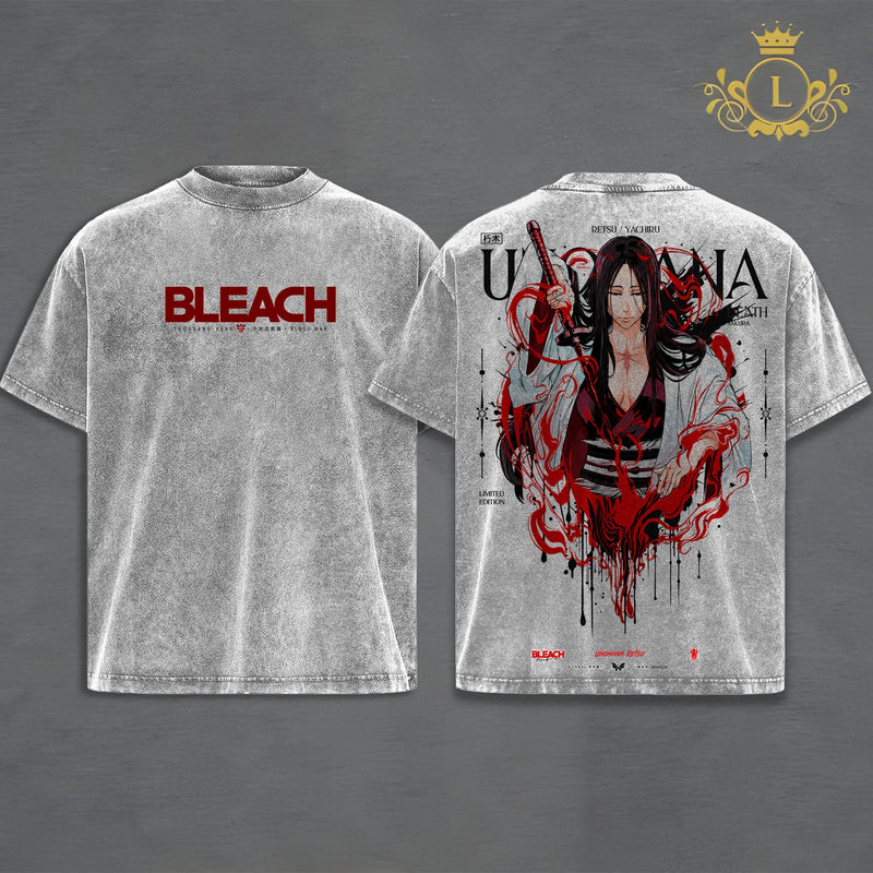 Unohana Retsu Bleach Vintage Washed T-Shirt Hoodie, Minazuki Bankai Anime Graphic, Blood Aura Death Sakura Art, Double-Sided Print, Heavyweight Oversized Unisex Streetwear