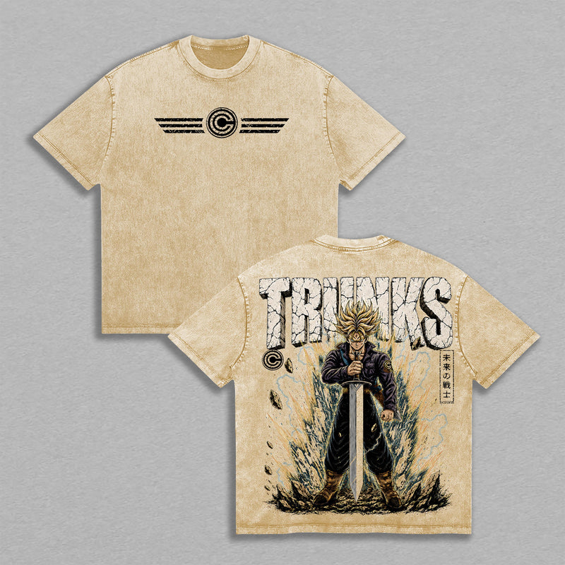 Future Trunks DBZ Vintage Shirt, Sword Time Warrior Lightning Battle Aura Double Printed Large Back Print Graphic Tees Men Unisex Heavyweight Streetwear Top Gift