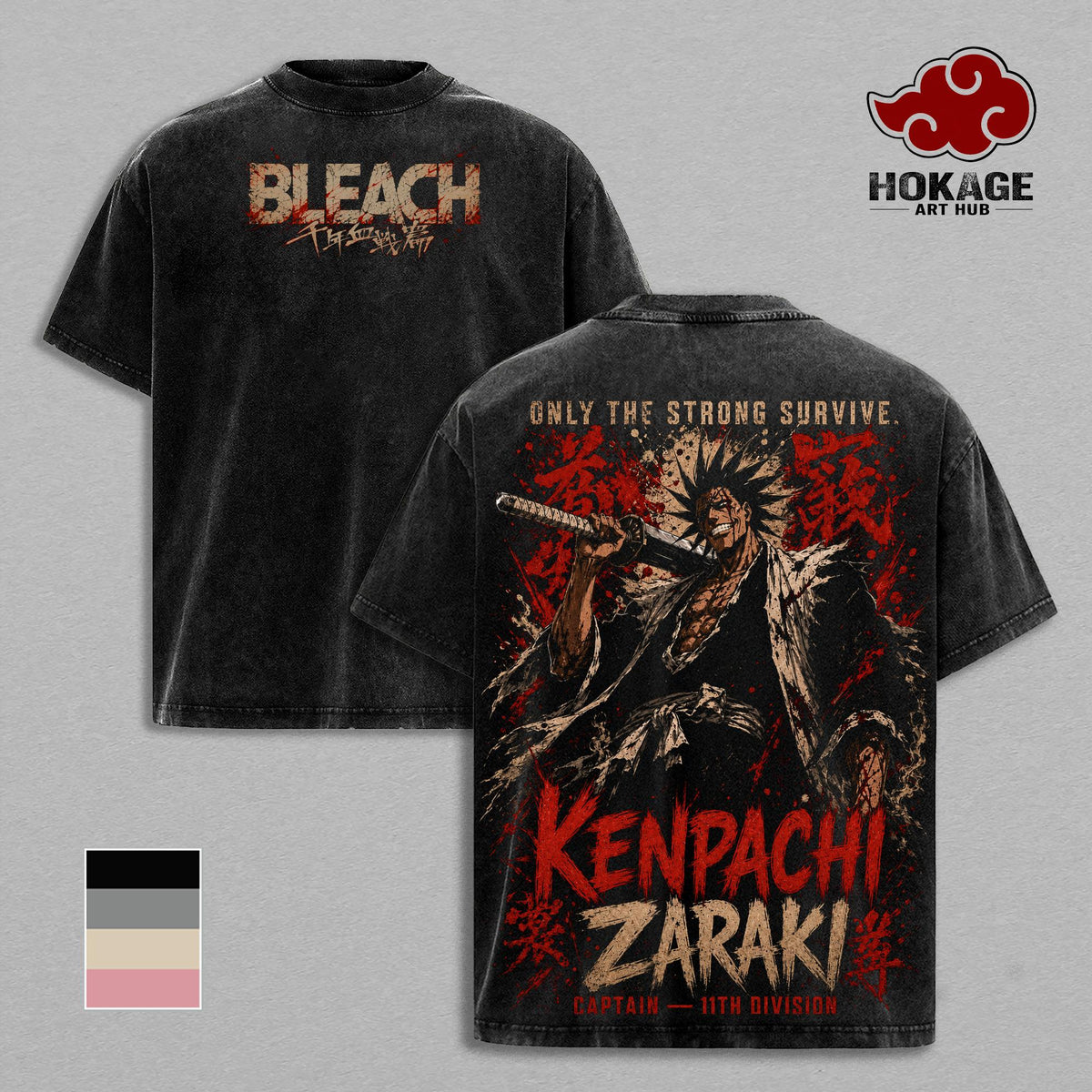 Kenpachi Zaraki Bleach 11th Division Captain Vintage Washed T-Shirt | Bankai Anime Graphic Tee | Soul Reaper Streetwear Oversized Shirt