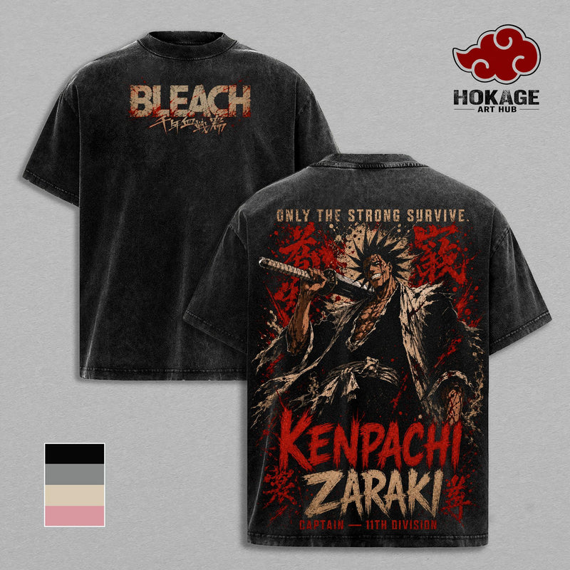 Kenpachi Zaraki Bleach 11th Division Captain Vintage Washed T-Shirt | Bankai Anime Graphic Tee | Soul Reaper Streetwear Oversized Shirt