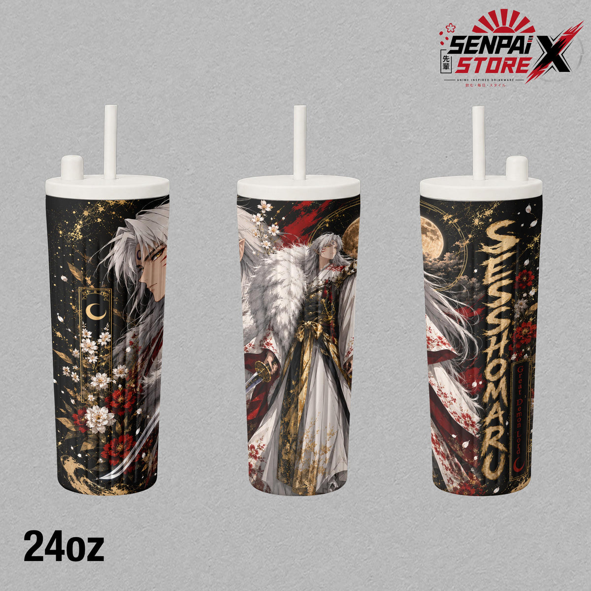 Sesshomaru Great Demon Lord - Inuyasha Anime - Moonlit White Fur Samurai Sword Floral Embossed Raised Art - 17oz 24oz 30oz Insulated Tumbler, Stainless Steel Water Bottle, Straw Cup, Handle Travel Mug