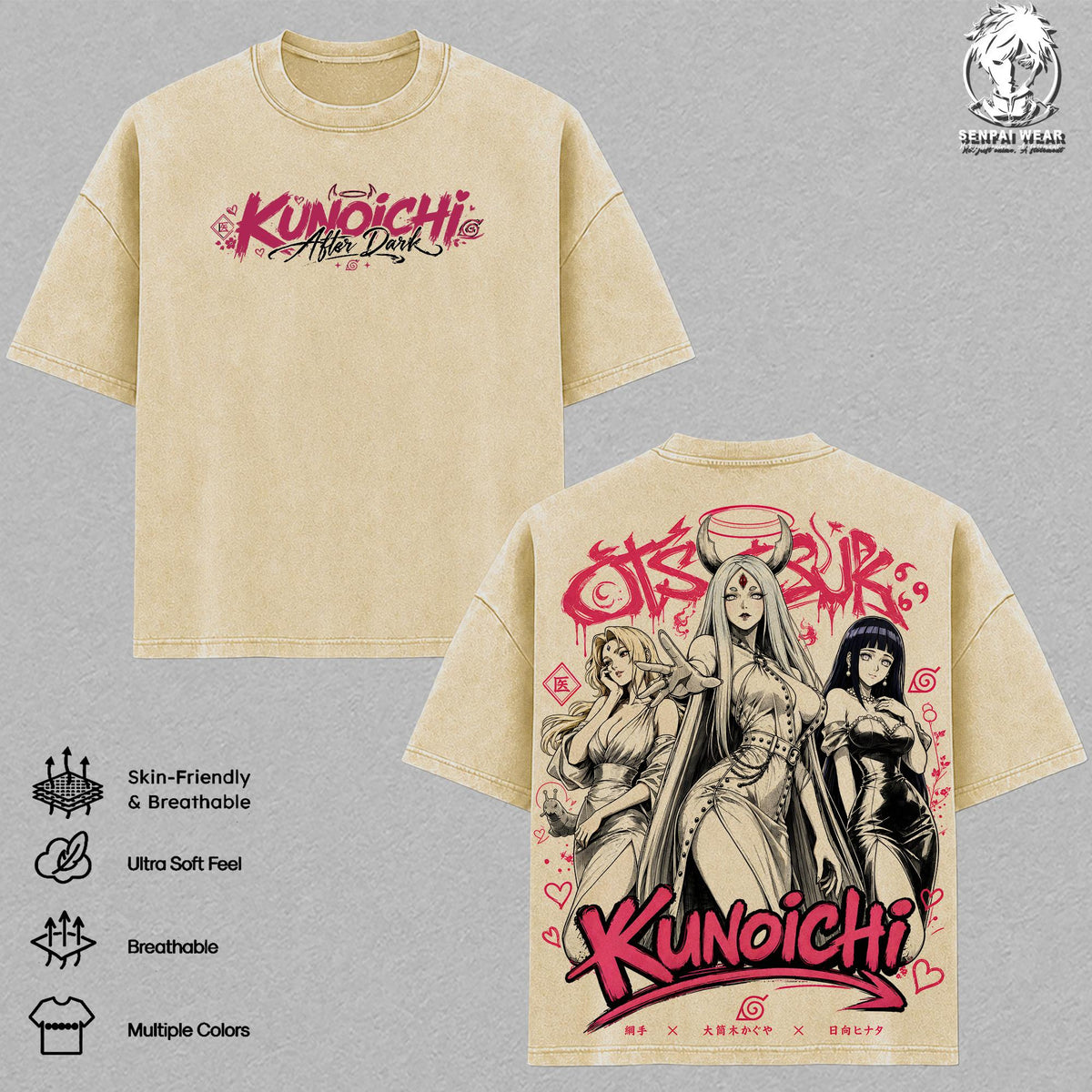 Tsunade, Kaguya, Hinata Graphic Tee, Naruto Vintage Washed Shirt, Unisex Streetwear, Female Ninja Streetwear Shirt Tee, Kunoichi After Dark T-Shirt, Gift for Anime Fans