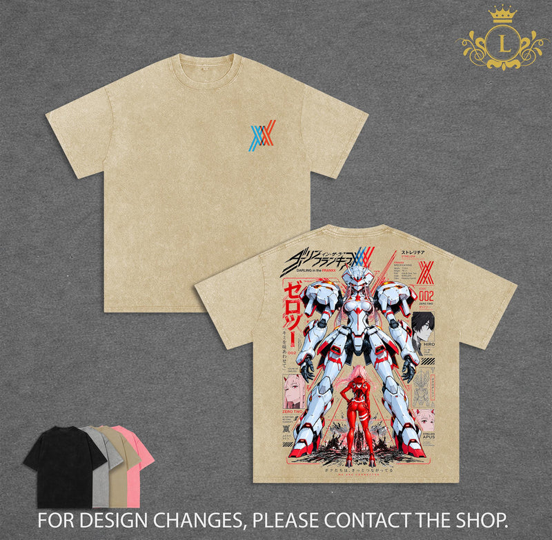 Limited Darling in the Franxx Zero Two Washed T-Shirt, Strelizia Mecha Anime Graphic Tee, Hiro and Zero Two Vintage Acid Wash Oversized Shirt, Double Sided Print, Japanese Anime Streetwear, Unisex Cotton Tee, Gift for Anime Fans