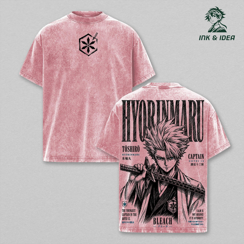 Toshiro Hitsugaya Bleach Vintage Washed Heavyweight Cotton T-Shirt, Hyorinmaru Ice Dragon Soul Reaper Captain Graphic Tee, Double Sided Oversized Manga Streetwear, Unisex Anime Fan Gift