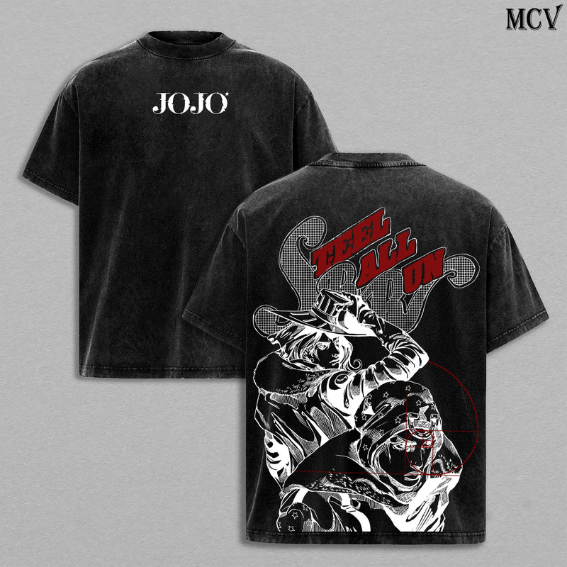 Johnny Joestar x Gyro Zeppeli Tee Washed – JoJo’s Bizarre Adventure Steel Ball Run Part 7 Vintage Retro Washed Heavy Cotton Oversized Anime Manga T-Shirt & Hoodie, Double Printed Western Race Retro Unisex Streetwear Graphic Top, Spin Technique Duo Edition
