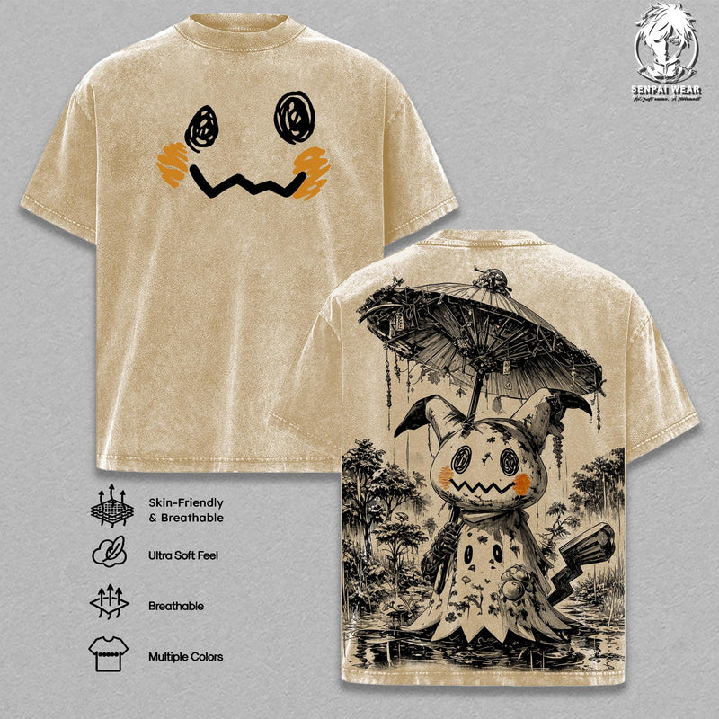 Mimikyu Graphic Tee Pokémon Vintage Washed Shirt Ghost Fairy Pocket Monster T-Shirt Unisex Streetwear Pokémon Tee Soft Cotton Top Outfit for Men Gift for Anime Fans