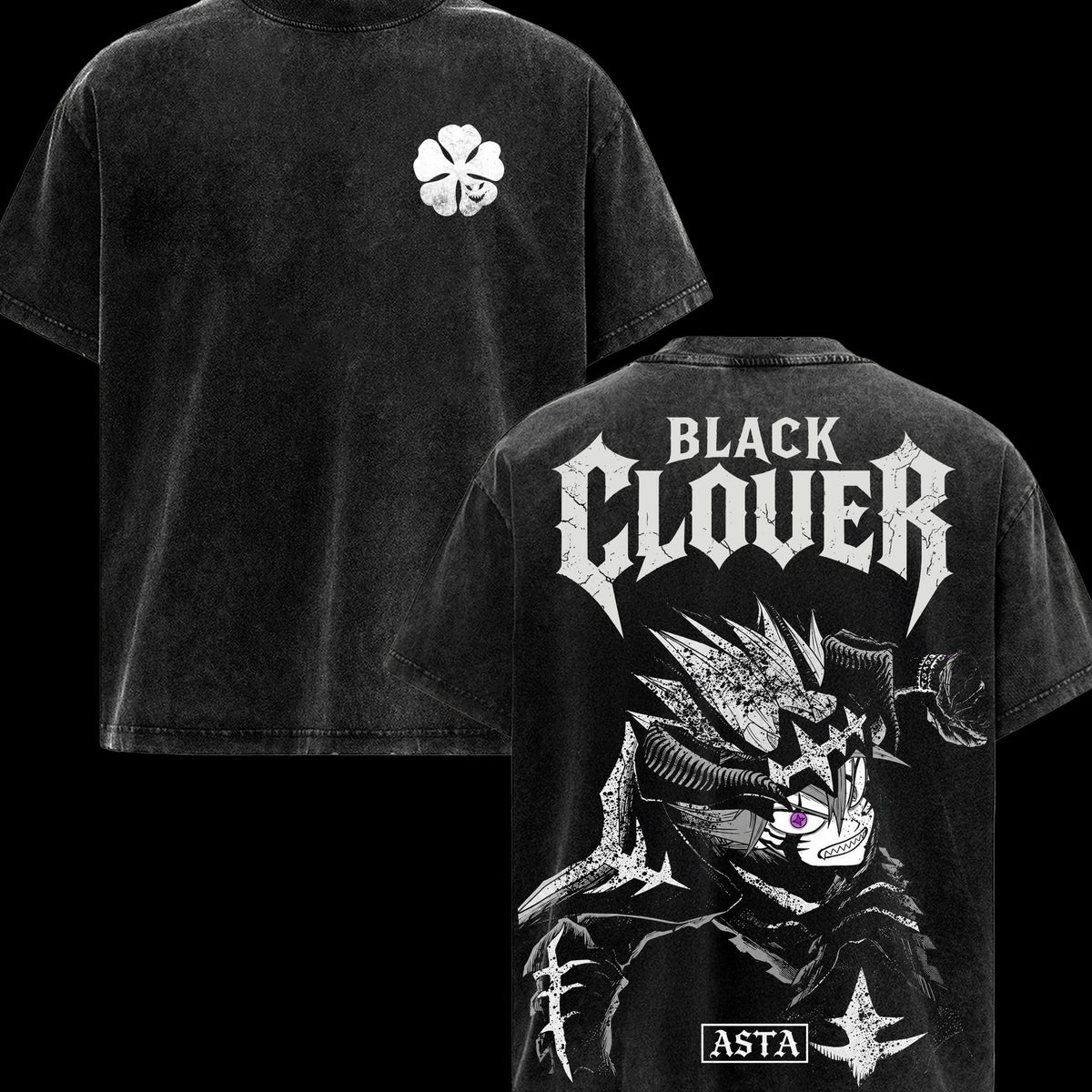 Asta Black Clover Oversized Vintage Washed Menswear T-Shirt, Anime Graphic Tee, Devil Union Double Sided Print, Soft Cotton Crewneck Classic Streetwear Apparel, Gift for Anime Fans