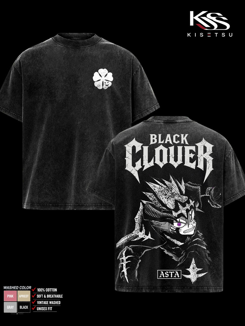Asta Black Clover Oversized Vintage Washed Menswear T-Shirt, Anime Graphic Tee, Devil Union Double Sided Print, Soft Cotton Crewneck Classic Streetwear Apparel, Gift for Anime Fans