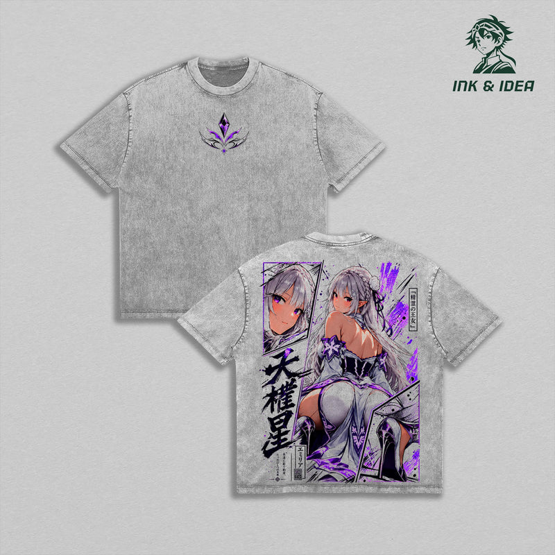 Emilia Half-Elf Princess Re:Zero Vintage Washed T-Shirt, Spirit Arts Purple Floral Anime Back Print Tee, Oversized Heavy Cotton Gym Streetwear, Unisex Isekai Manga Fan Gift