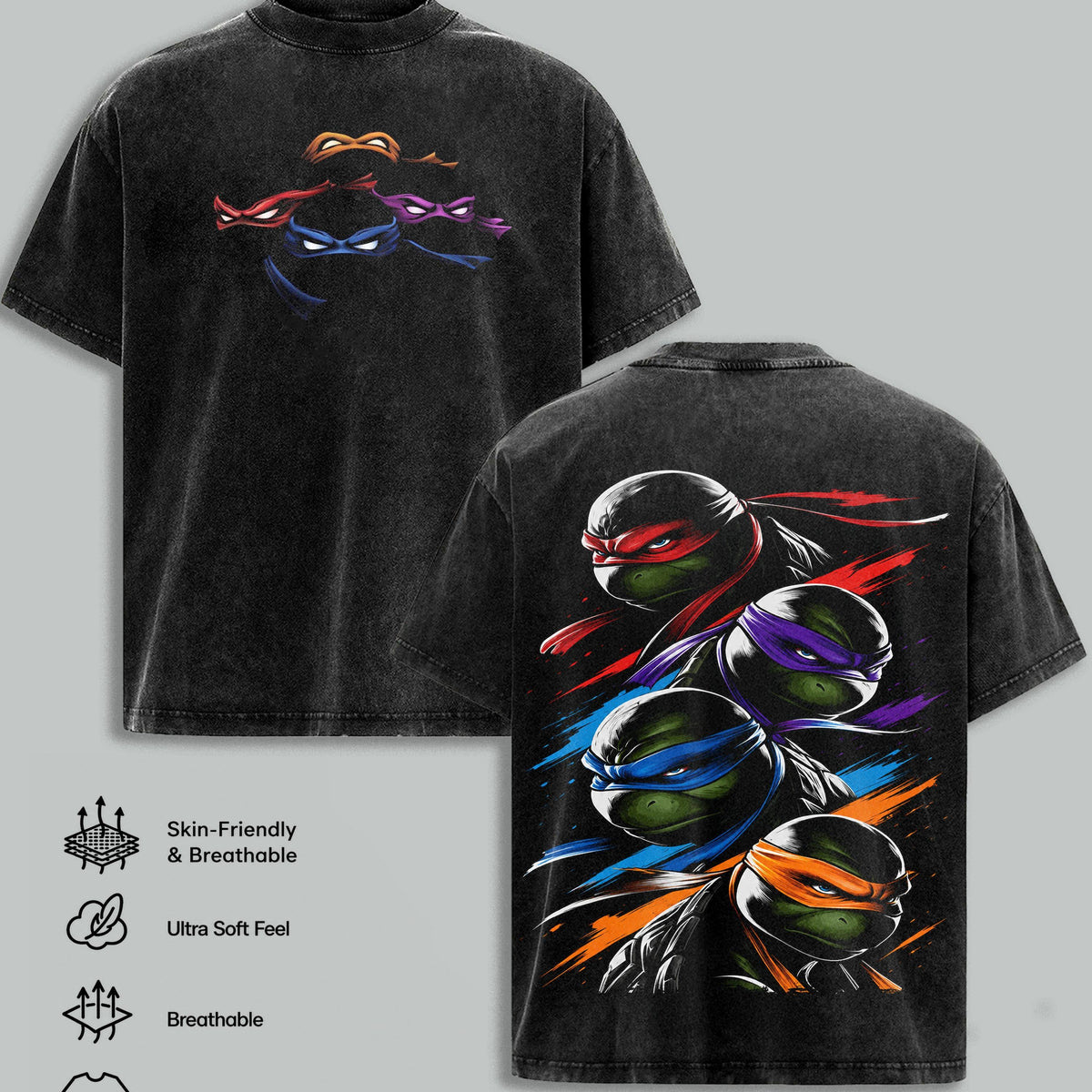 Vintage Black Washed TMNT T-Shirt, Front "Turtles" Logo & Side Weapon Flags + Back Full TMNT & Shredder Print, Oversized Unisex Tee for Retro Anime Fans & Street Style