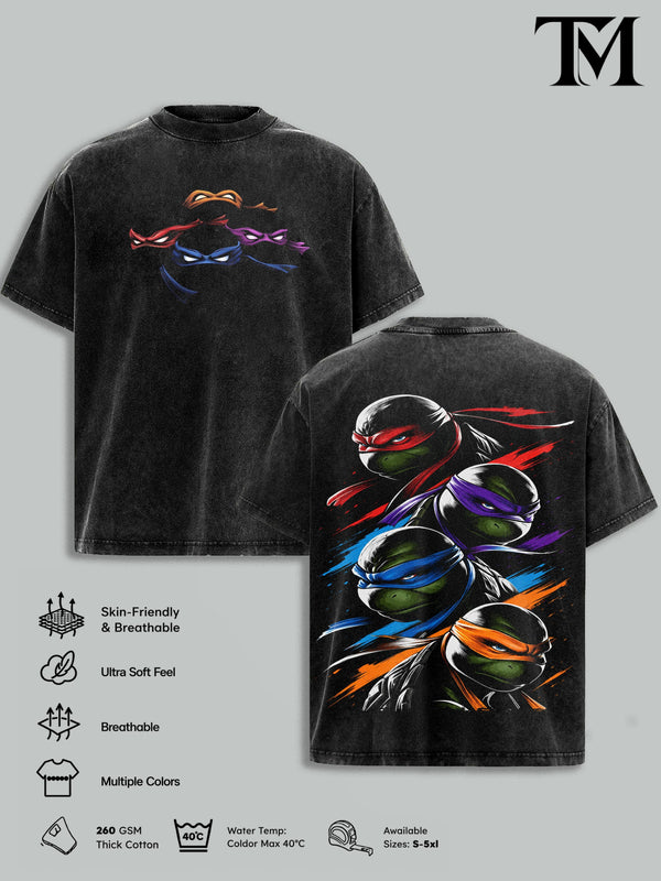 Vintage Black Washed TMNT T-Shirt, Front "Turtles" Logo & Side Weapon Flags + Back Full TMNT & Shredder Print, Oversized Unisex Tee for Retro Anime Fans & Street Style