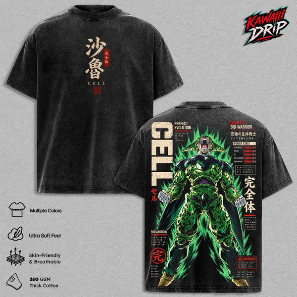 Cell DBZ Vintage Washed T-Shirt - Perfect Cell DBZ Graphic Tee Oversized Anime Streetwear Top Cotton Tshirt Classic Menswear Clothes Apparel Gift for DBZ Fans Men & Women
