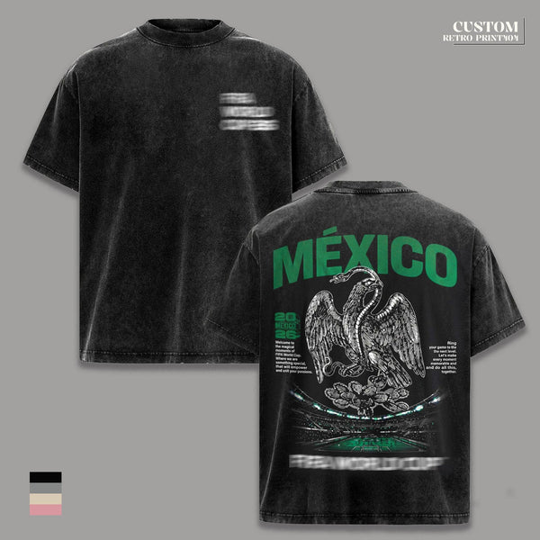 Mexico World Football Tournament 2026 Vintage Washed Soccer T Shirt, Mexico Futebol Fan Graphic Tee, Eagle Stadium Design Oversized Heavyweight Cotton Streetwear Sports Shirt, Futbol Supporter Gift for Men Women