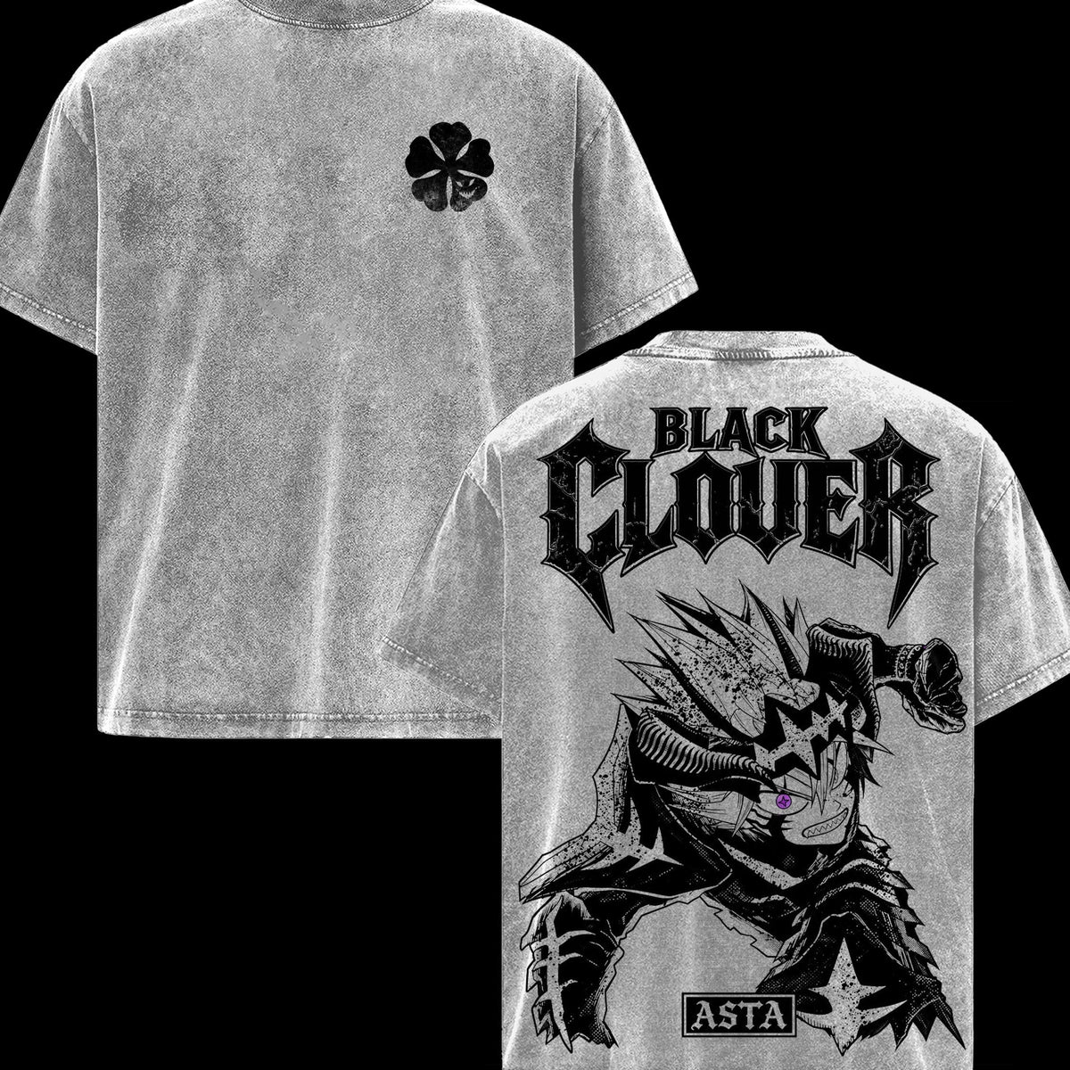 Asta Black Clover Oversized Vintage Washed Menswear T-Shirt, Anime Graphic Tee, Devil Union Double Sided Print, Soft Cotton Crewneck Classic Streetwear Apparel, Gift for Anime Fans