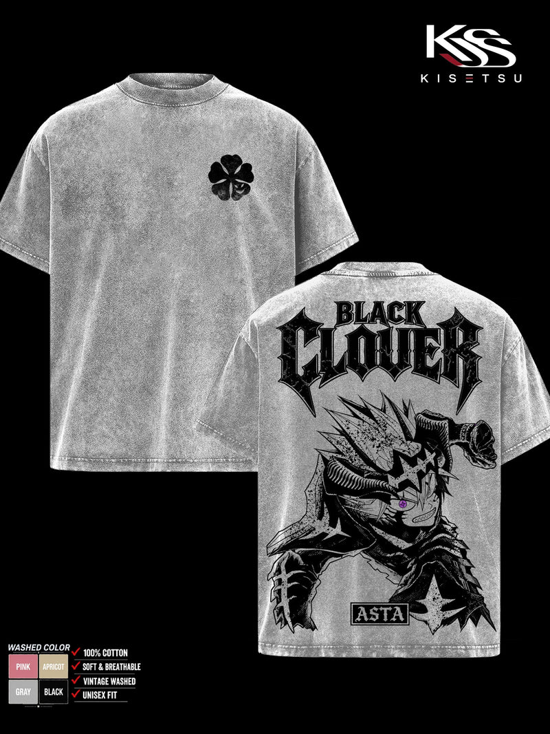 Asta Black Clover Oversized Vintage Washed Menswear T-Shirt, Anime Graphic Tee, Devil Union Double Sided Print, Soft Cotton Crewneck Classic Streetwear Apparel, Gift for Anime Fans