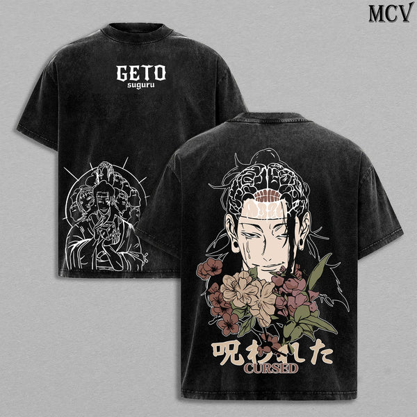Geto Suguru Tee Washed – Jujutsu Kaisen Vintage Washed Oversized Heavy Cotton Double Printed Front & Back Anime Manga T-Shirt, Retro Unisex Streetwear Graphic Top, Cursed Spirit Manipulation Arc Edition, JJK Anime Merch for Fans