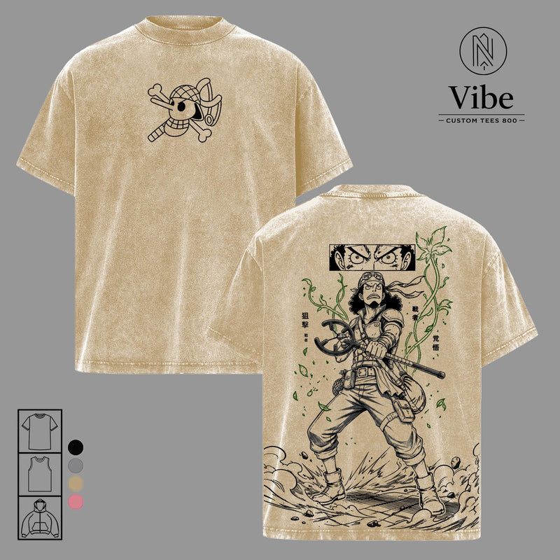 Usopp OP Vintage Washed Graphic T Shirt, Straw Hat Sniper Anime Tee, Heavy Cotton Manga Streetwear Shirt for Anime Fans