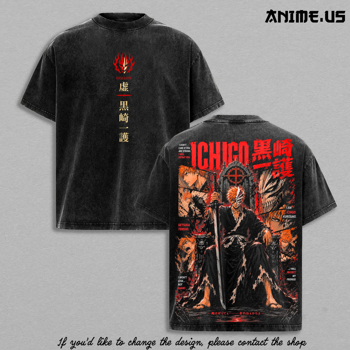 Ichigo Kurosaki Bleach T-Shirt, Hollow Form Getsuga Tensho Anime Graphic Tee, Vintage Washed Heavyweight Shirt, Anime Streetwear