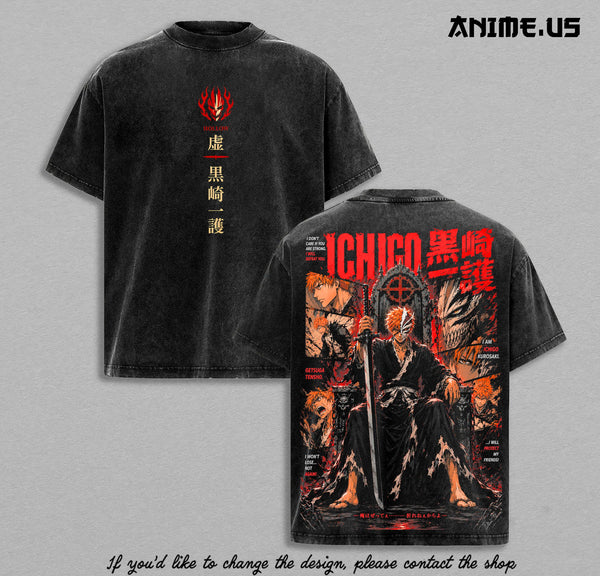 Ichigo Kurosaki Bleach T-Shirt, Hollow Form Getsuga Tensho Anime Graphic Tee, Vintage Washed Heavyweight Shirt, Anime Streetwear