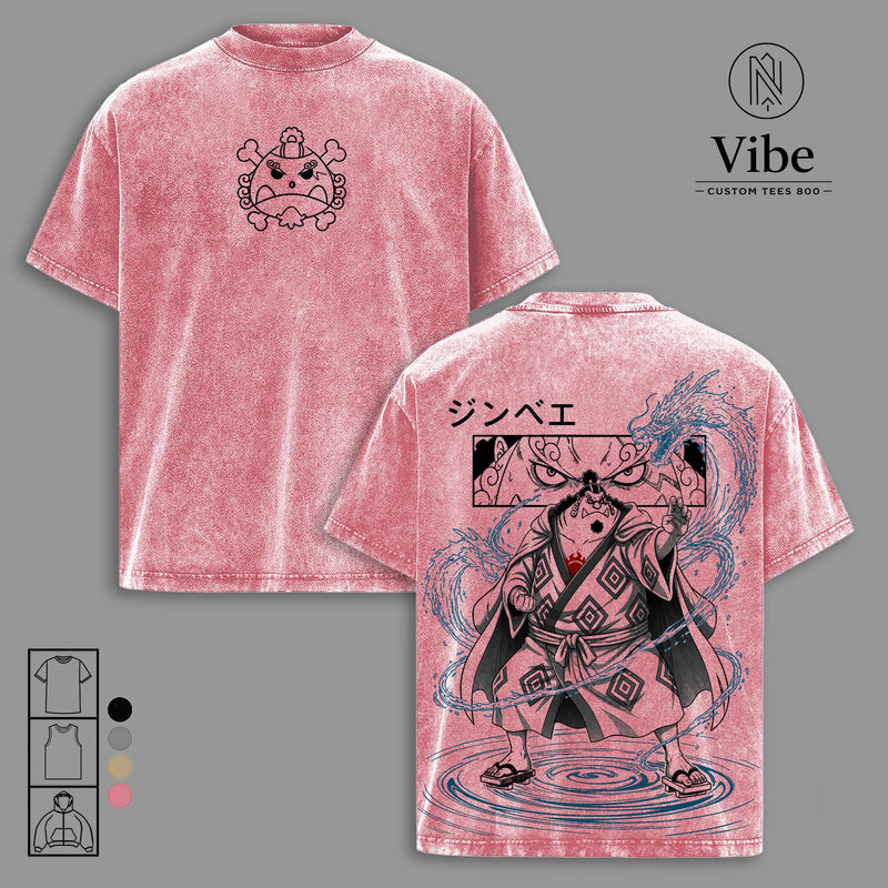 1 Piece Jinbe Vintage Washed Graphic Top - Straw Hat Pirates Manga Oversized Cotton T-Shirt, Tank Top, Sweatshirt, Hoodie - Japanese Streetwear Ribbed Hem Menswear Apparel, Gift for Anime Fans